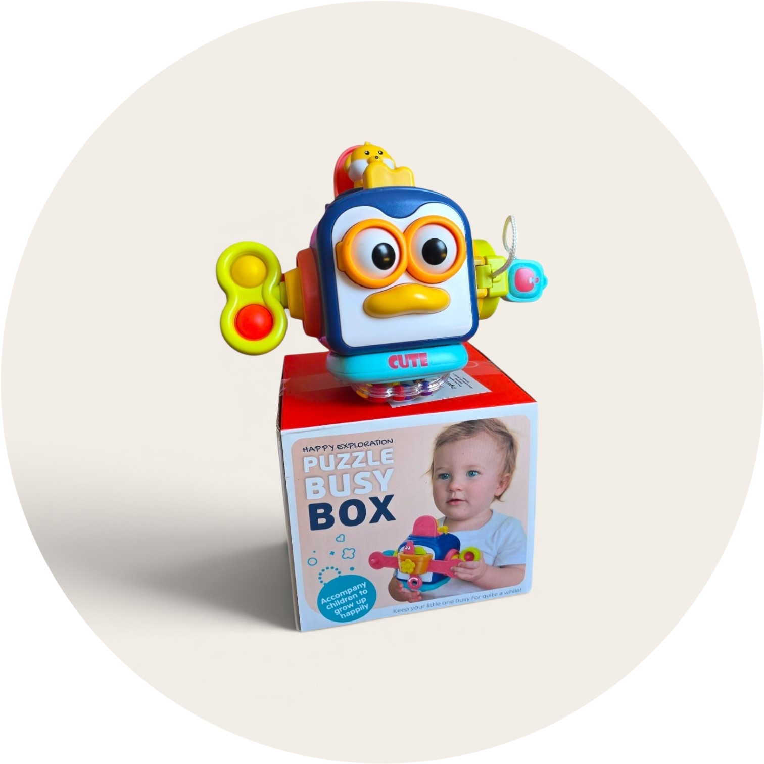 Interaktywna Kostka Sensoryczna Pingwinek 6w1 – Puzzle Busy Box dla Niemowląt