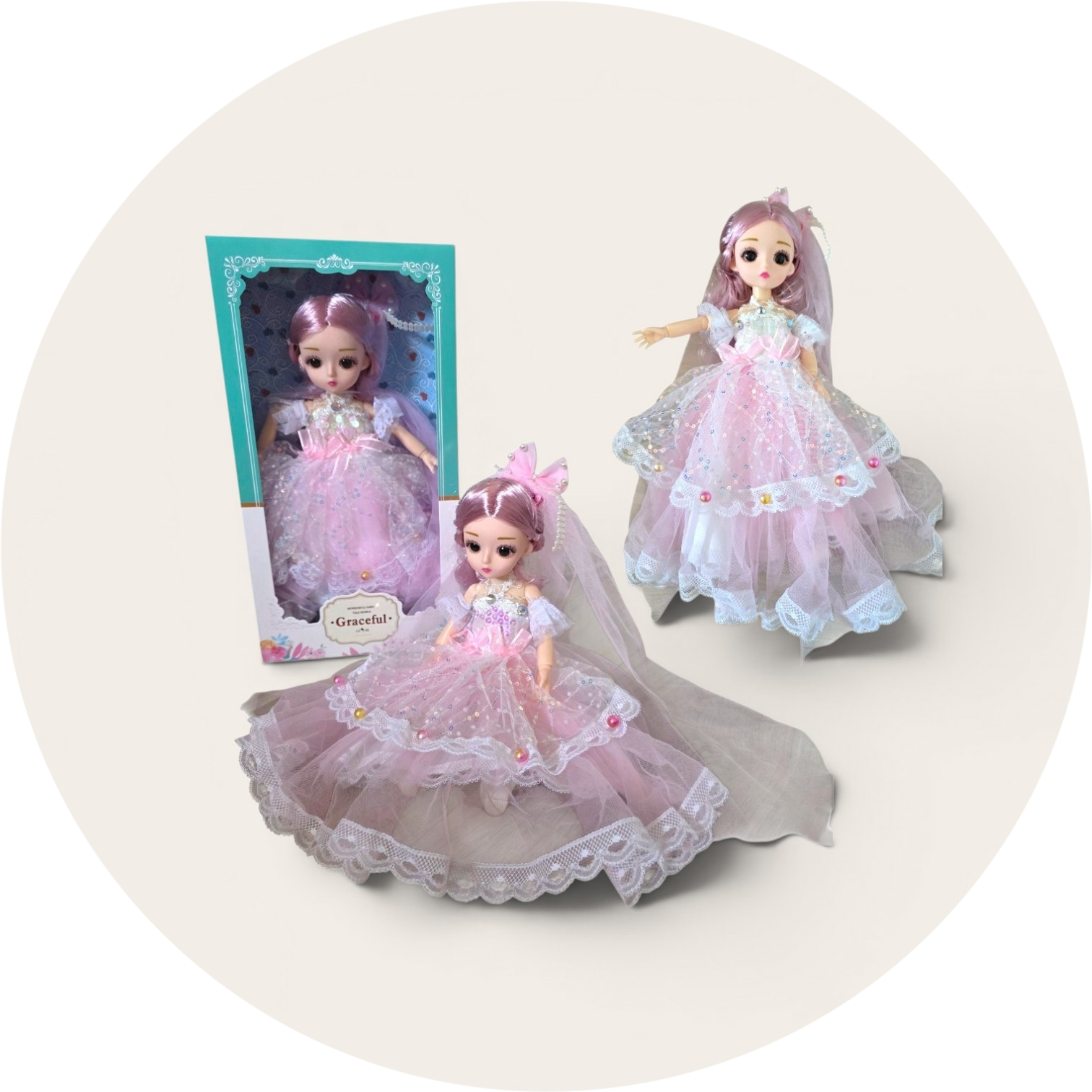 Różowa Lalka Princesa 30 cm w Balowej Sukni z Woalem – Ruchome Stawy Premium