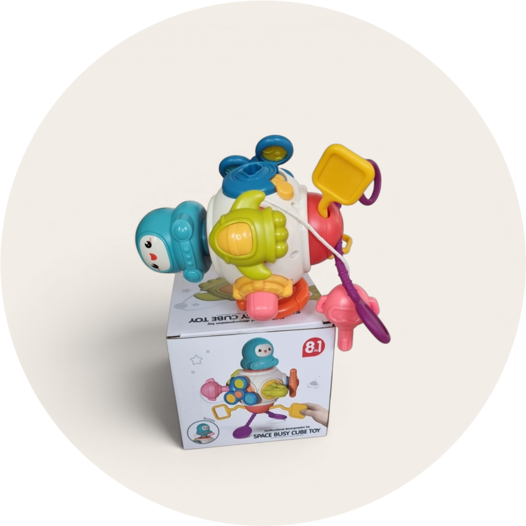 Interaktywna Zabawka Sensoryczna Kosmonauta 8w1 - Busy Cube Montessori dla Niemowląt