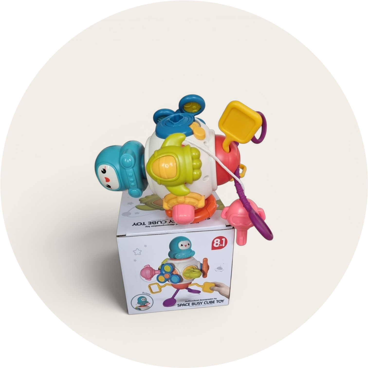 Interaktywna Zabawka Sensoryczna Kosmonauta 8w1 - Busy Cube Montessori dla Niemowląt
