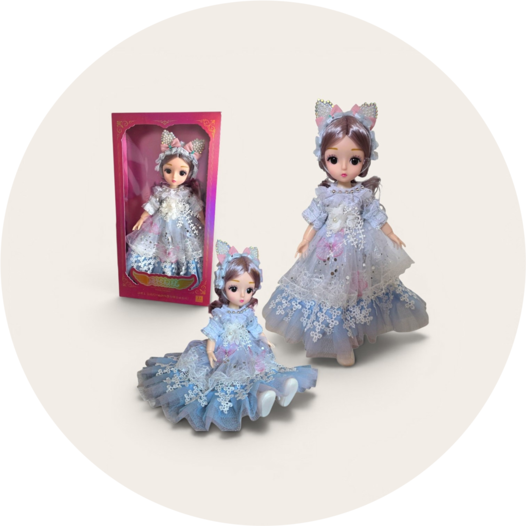 Błękitna Lalka Princesa 30 cm w Koronkowej Sukni z Uszkami – Ruchoma Lalka w Pudełku