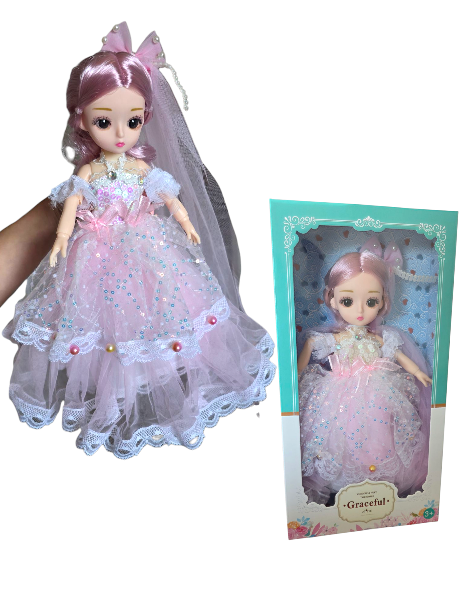 Różowa Lalka Princesa 30 cm w Balowej Sukni z Woalem – Ruchome Stawy Premium - obrazek 2