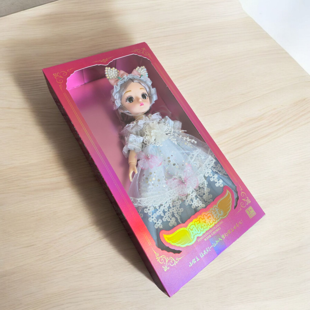Błękitna Lalka Princesa 30 cm w Koronkowej Sukni z Uszkami – Ruchoma Lalka w Pudełku - obrazek 3