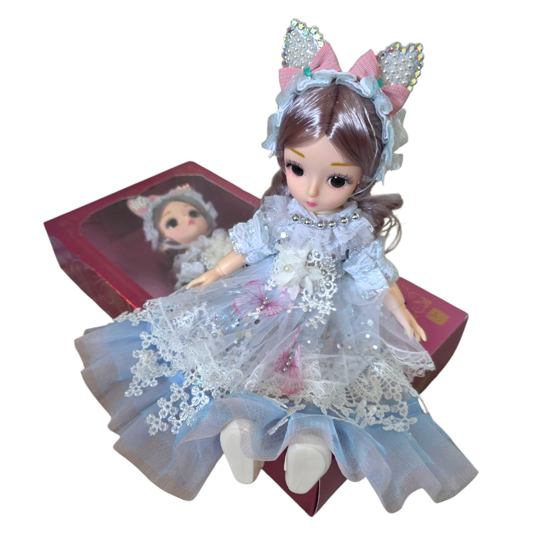 Błękitna Lalka Princesa 30 cm w Koronkowej Sukni z Uszkami – Ruchoma Lalka w Pudełku - obrazek 8