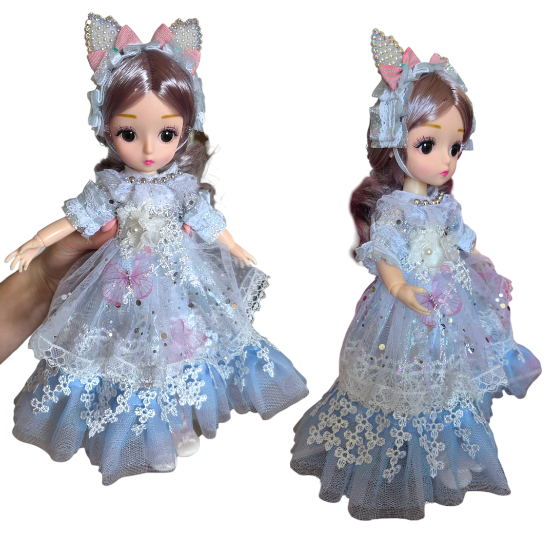 Błękitna Lalka Princesa 30 cm w Koronkowej Sukni z Uszkami – Ruchoma Lalka w Pudełku - obrazek 4