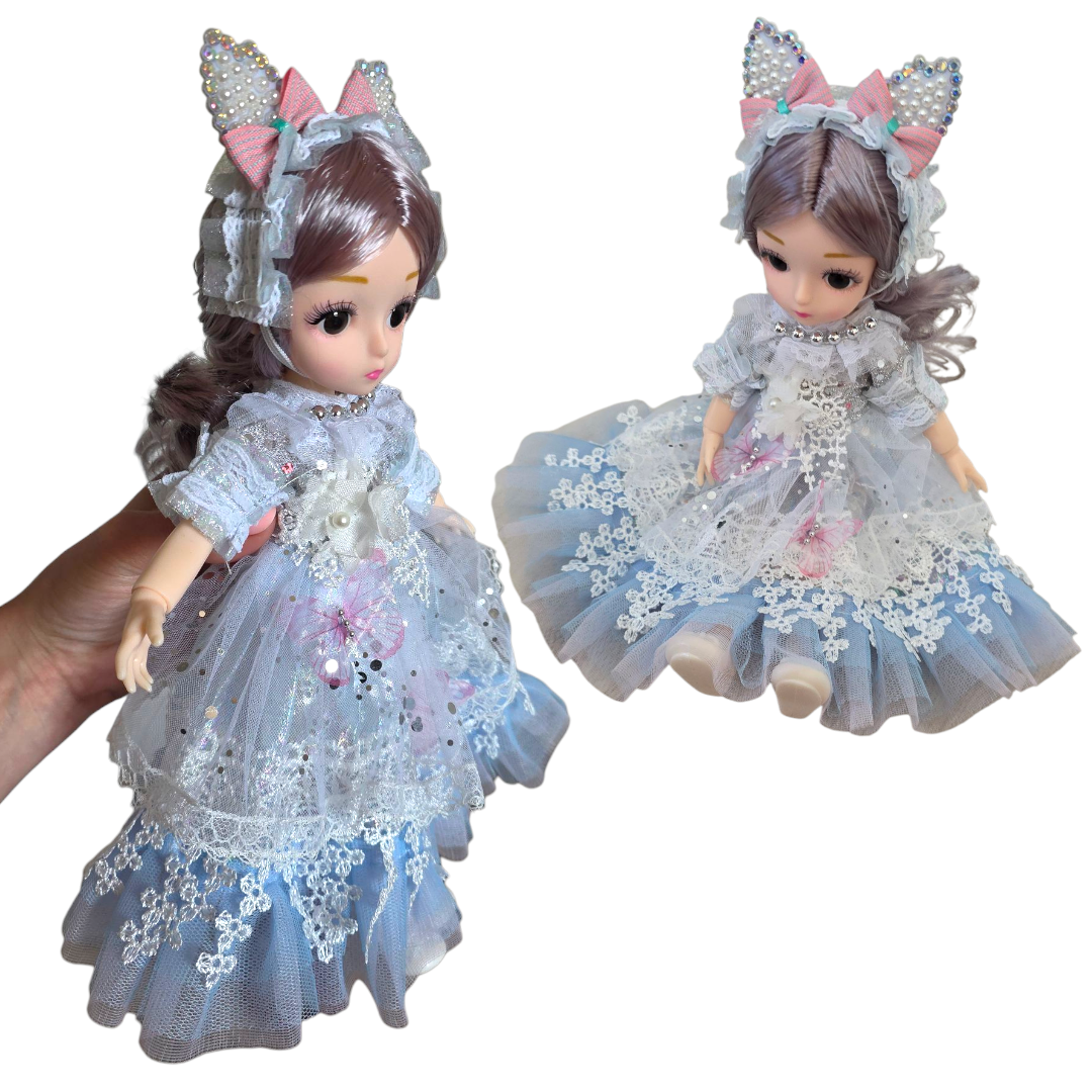 Błękitna Lalka Princesa 30 cm w Koronkowej Sukni z Uszkami – Ruchoma Lalka w Pudełku - obrazek 5