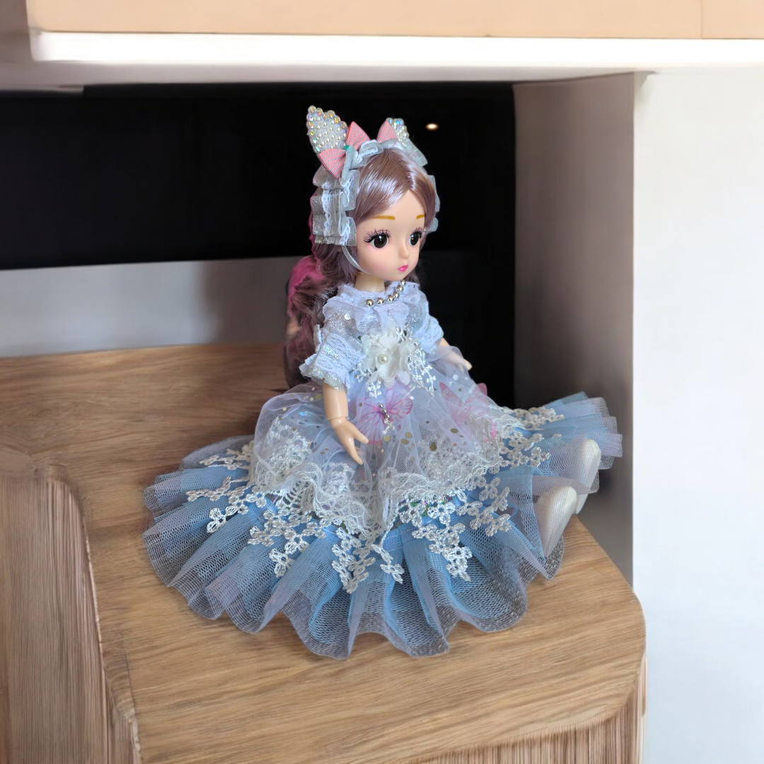 Błękitna Lalka Princesa 30 cm w Koronkowej Sukni z Uszkami – Ruchoma Lalka w Pudełku - obrazek 6