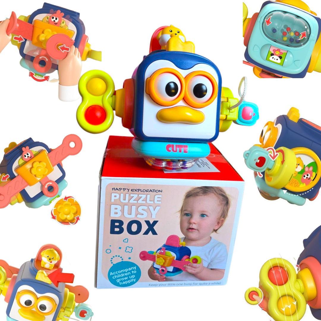 Interaktywna Kostka Sensoryczna Pingwinek 6w1 – Puzzle Busy Box dla Niemowląt - obrazek 2