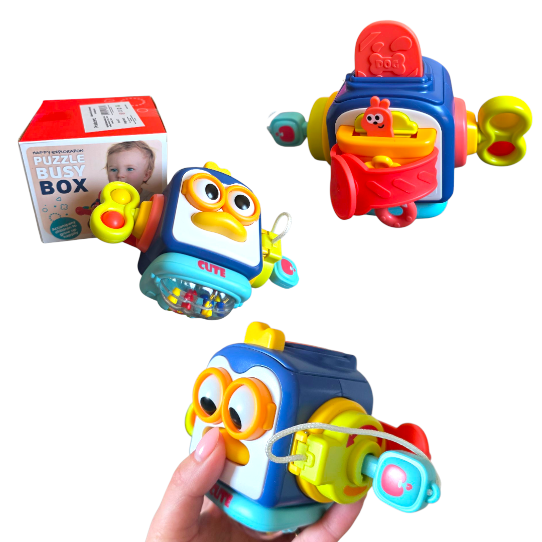 Interaktywna Kostka Sensoryczna Pingwinek 6w1 – Puzzle Busy Box dla Niemowląt - obrazek 6