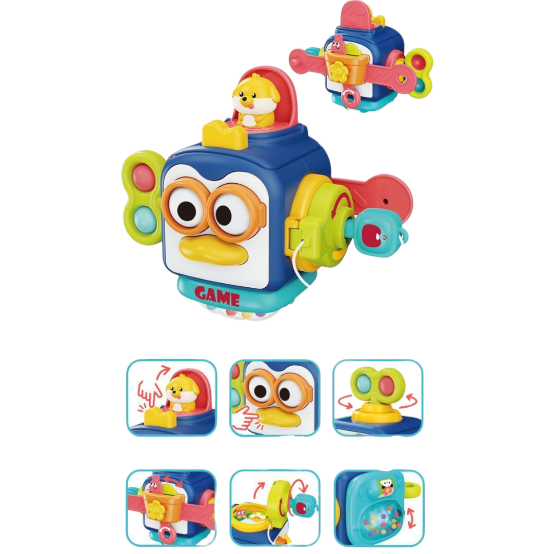 Interaktywna Kostka Sensoryczna Pingwinek 6w1 – Puzzle Busy Box dla Niemowląt - obrazek 8