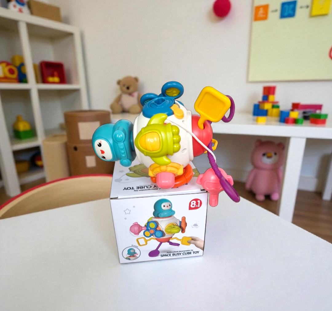 Interaktywna Zabawka Sensoryczna Kosmonauta 8w1 - Busy Cube Montessori dla Niemowląt - obrazek 3