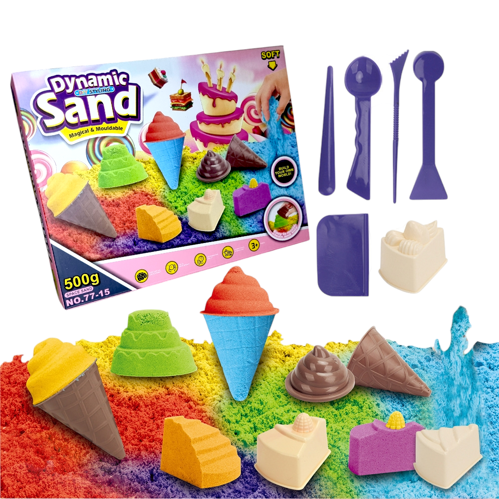 Piasek Kinetyczny Zestaw Lody i Desery - Piaskownica + Foremki 500g (2 kolory)