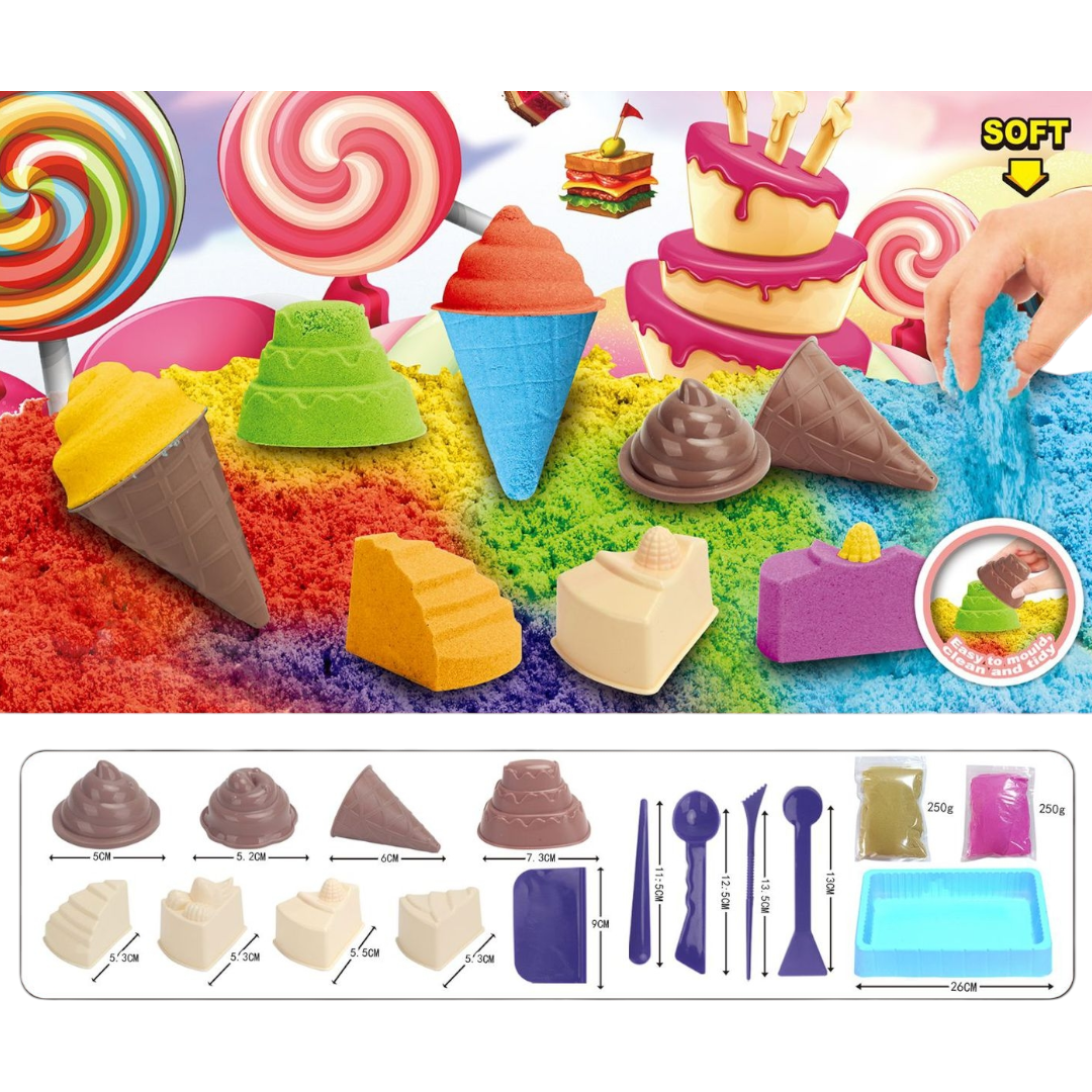 Piasek Kinetyczny Zestaw Lody i Desery - Piaskownica + Foremki 500g (2 kolory) - obrazek 2