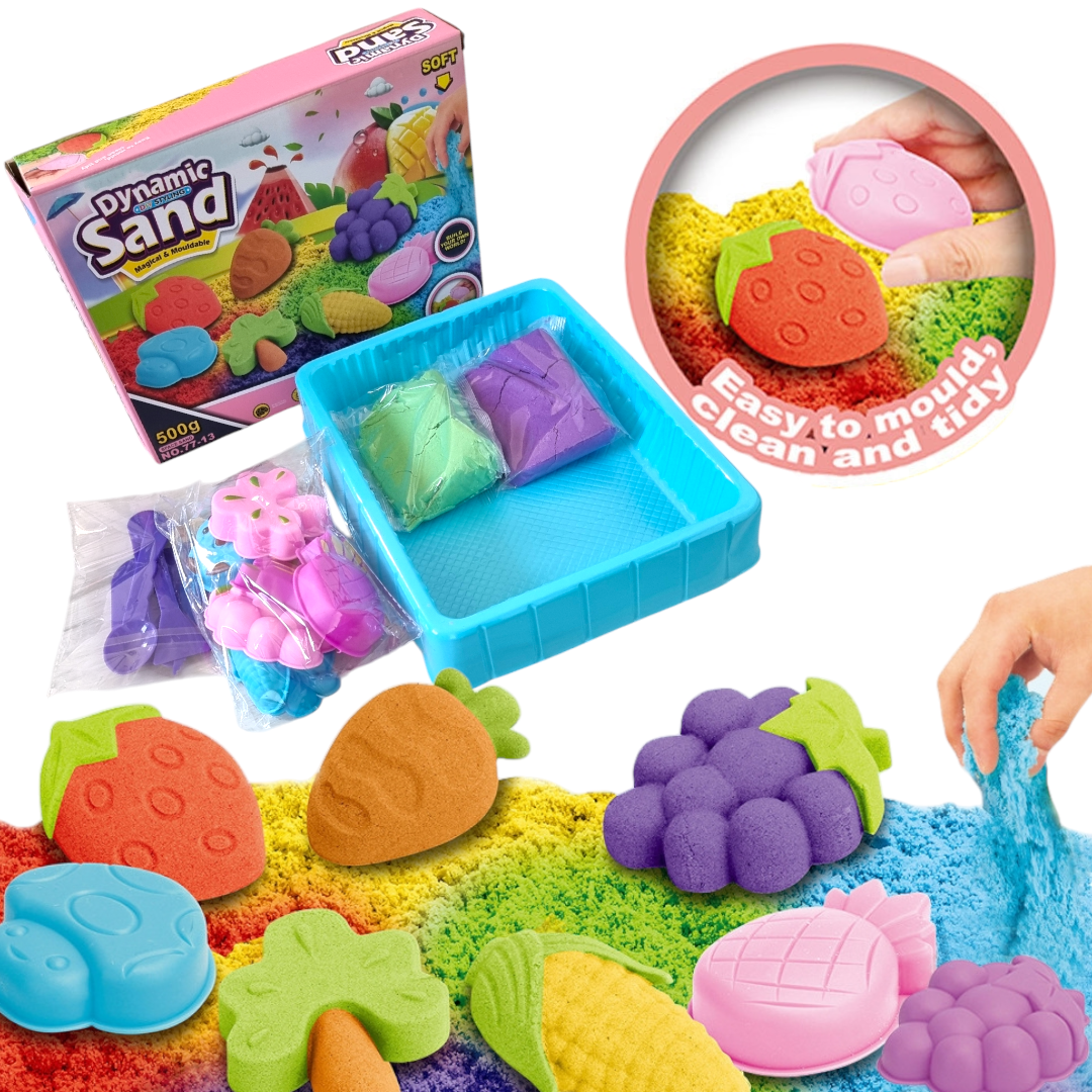Piasek Kinetyczny Zestaw Owoce Warzywa - Piaskownica + Foremki 500g (2 kolory) - obrazek 2
