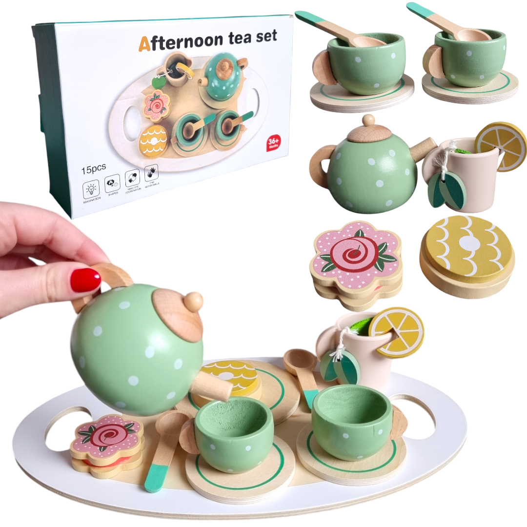 Drewniany Zestaw Herbaciany dla Dzieci –Afernoon tea set z Tacą i Akcesoriami - obrazek 3